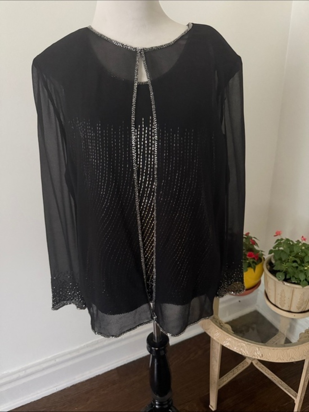 J Kara Vintage 90s Black Beaded Sheer Evening Top and Beaded Shell XL